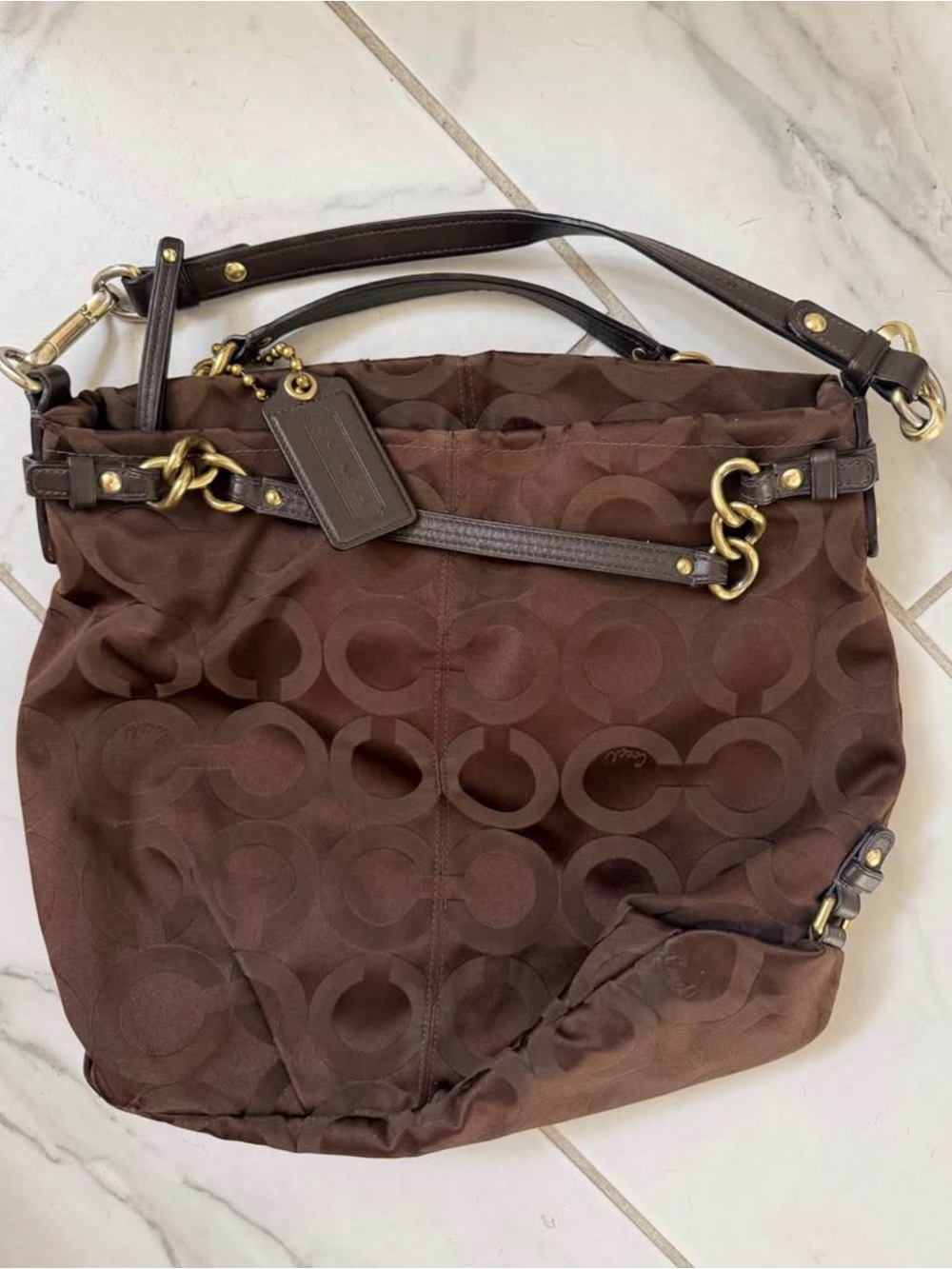 Coach Brown Signature Canvas Shoulder Bag with Gold Hardware